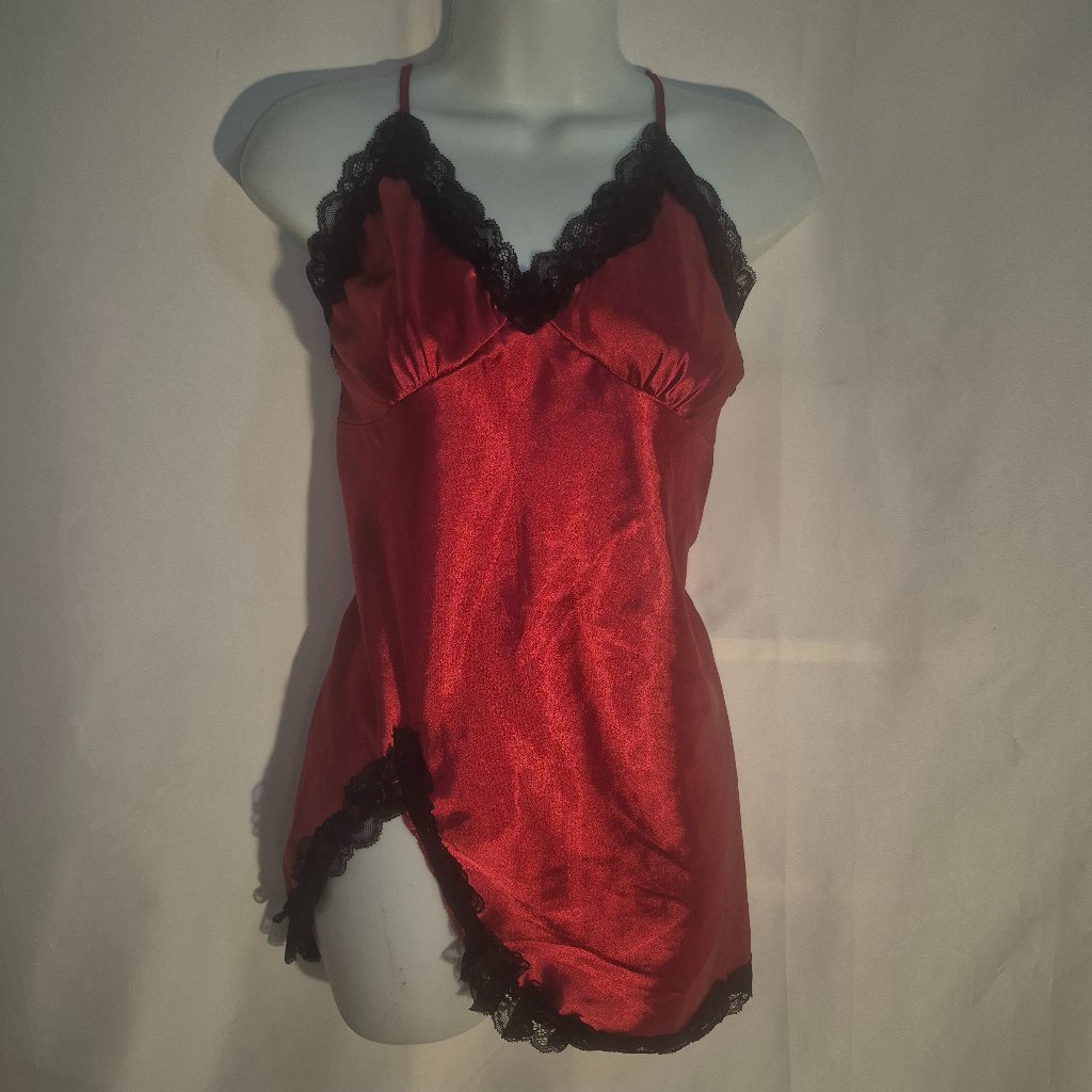 Lingerie, Red Sheen With Black Lace, In Size Xl